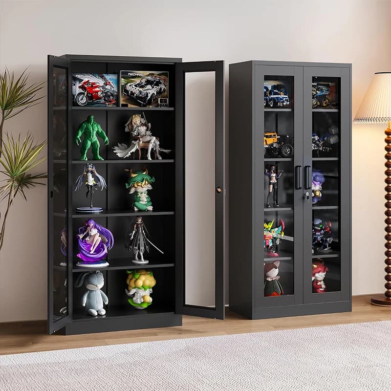 Vitrine en acier, armoire de rangement avec portes en bois et en verre, étagères réglables avec serrure, bibliothèque durable pour le bureau et l'école