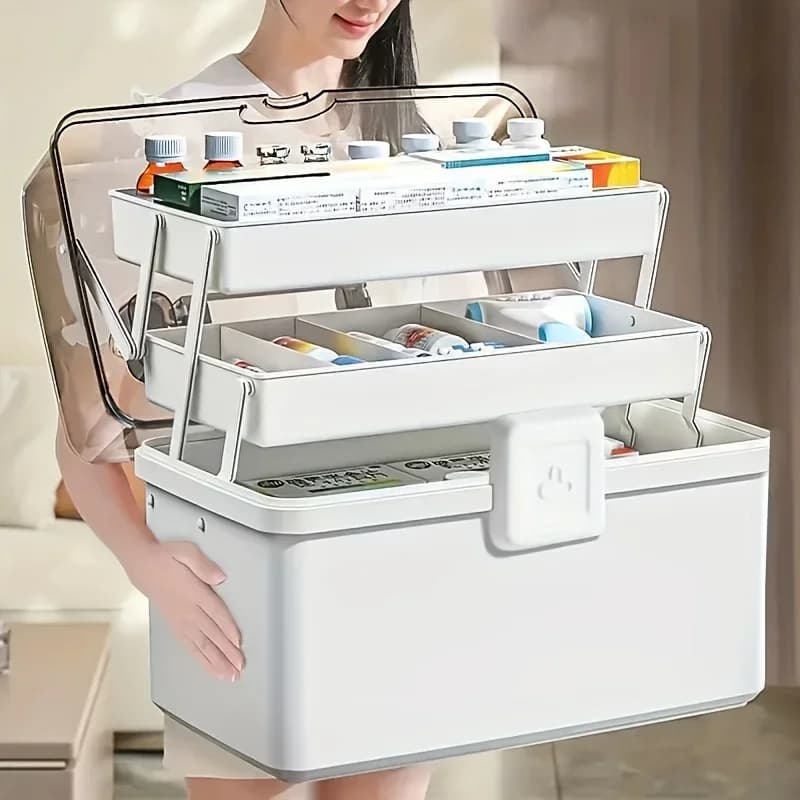 NOUVEAU Grand coffre de rangement domestique avec poignée, boîte à médicaments, boîte de rangement multicouche anti-humidité et anti-poussière pour l'épicerie, rangement domestique