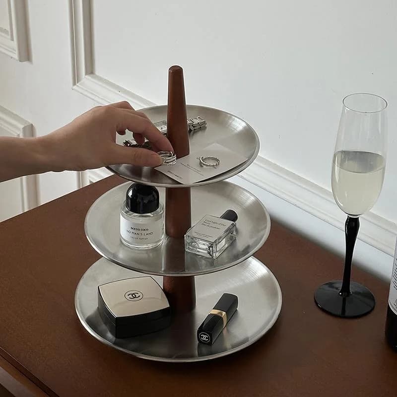 Plateau de rangement en acier inoxydable mat, ornements d'entrée antiques, table à dessert, support à gâteau, plateau à bonbons, plateau à collations