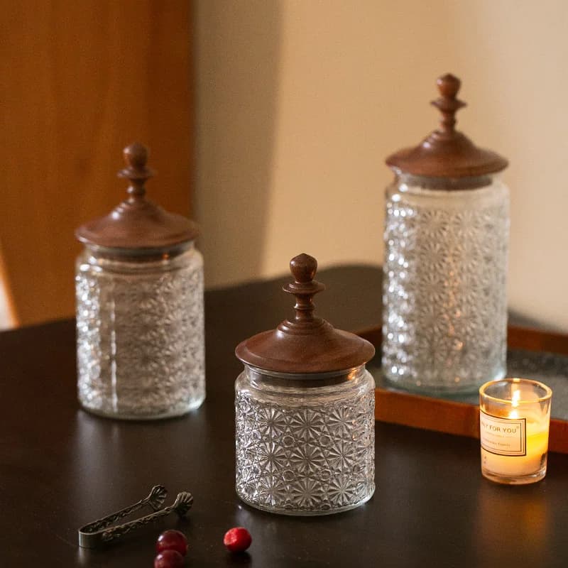 Bouteille de stockage en verre avec couvercle en bois de santal, excavatrice, bocal scellé, stockage de cuisine, boîtes de bonbons, vintage, stockage de grains de café
