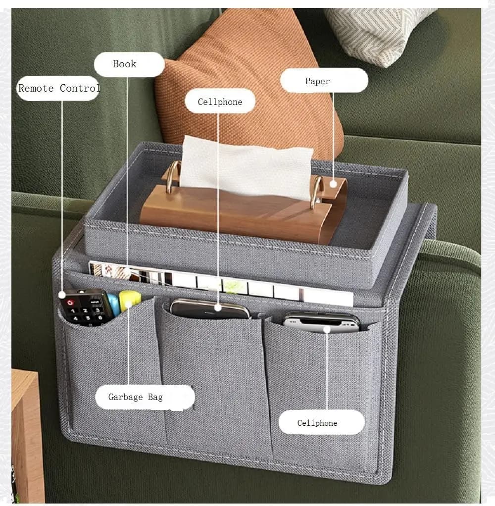 Organisateur d'accoudoir de canapé avec porte-gobelet, poches de rangement pour télécommande, plateau de bouteille d'eau de loisirs pour chevet, canapé, fauteuil