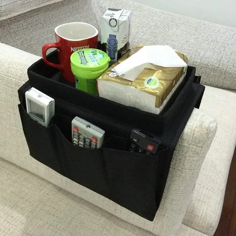 Organisateur d'accoudoir de canapé avec porte-gobelet, poches de rangement pour télécommande, plateau de bouteille d'eau de loisirs pour chevet, canapé, fauteuil