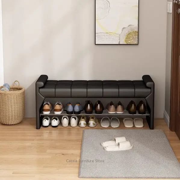 Banc à chaussures en cuir haut de gamme pour entrée, longue banquette avec rangement pour chambre, organisateur de couloir rustique et moderne pour porte d'entrée