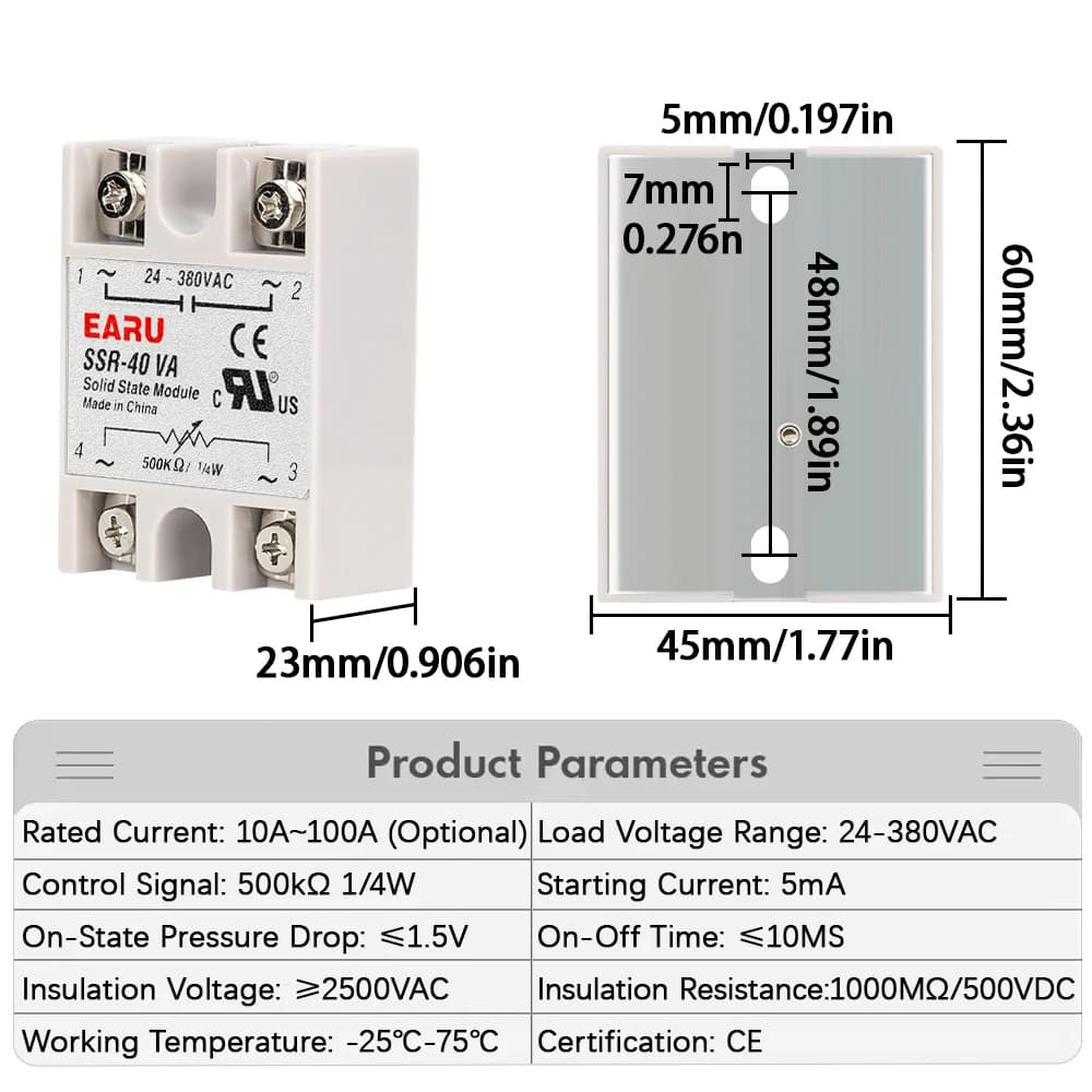 Relais à semi-conducteurs EARU SSR-10VA/25VA SSR-40VA, régulateur de tension, sortie AC 24V-380V, potentiomètre, contrôleur de température PID