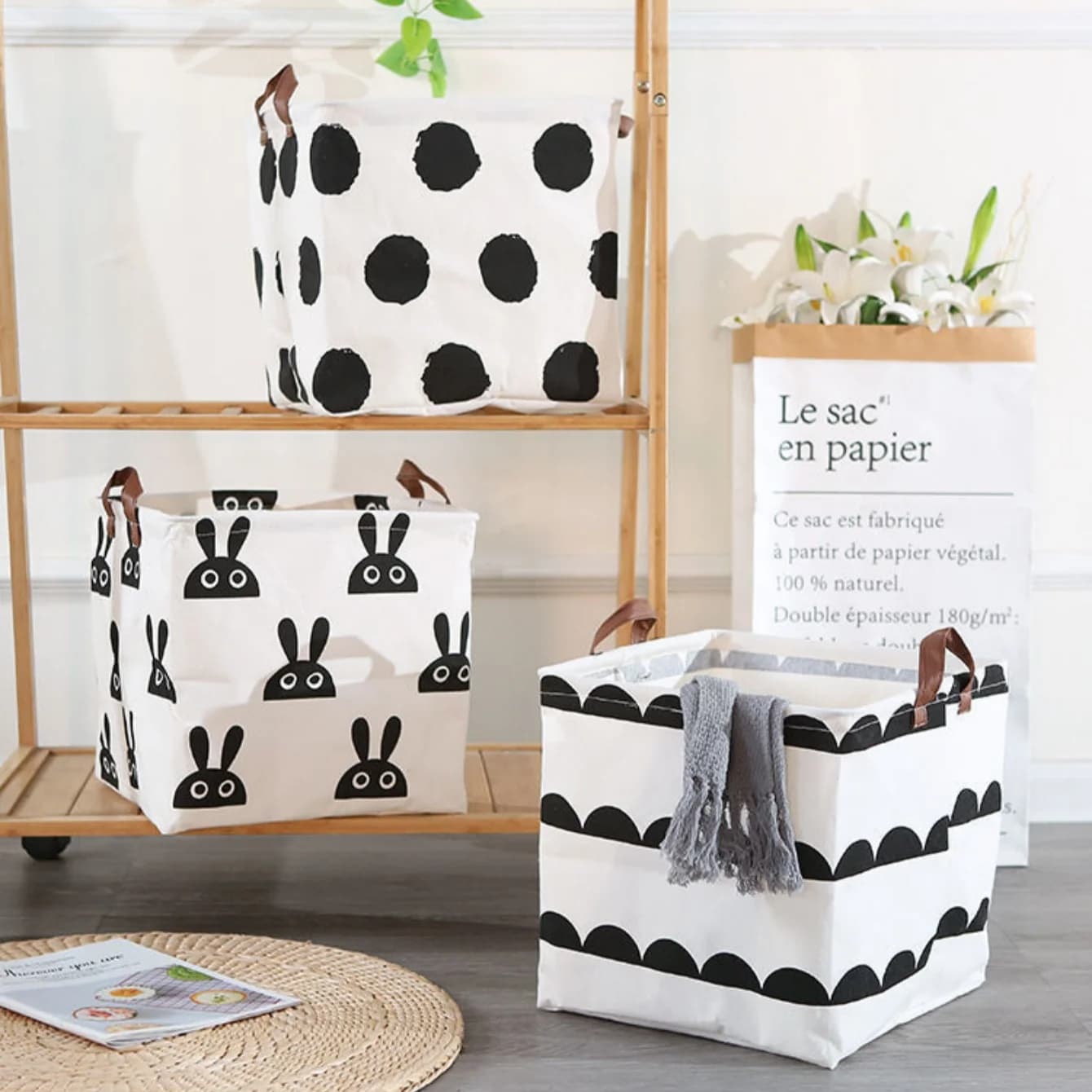Panier de rangement en tissu grande capacité avec design ouvert pratique, idéal pour ranger les vêtements, les jouets et les articles divers