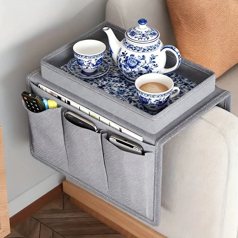 Organisateur d'accoudoir de canapé avec porte-gobelet, poches de rangement pour télécommande, plateau de bouteille d'eau de loisirs pour chevet, canapé, fauteuil