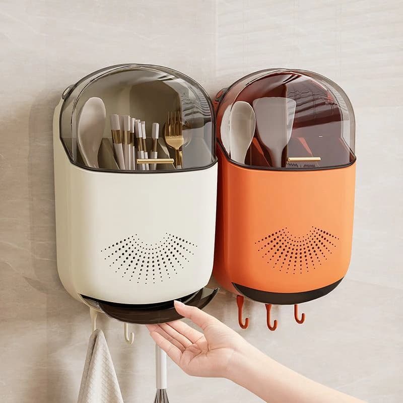 Boîte de rangement de couverts de cuisine, support mural de rangement de vaisselle avec couvercle, cuillère anti-poussière et organisateur de baguettes, supports de vidange