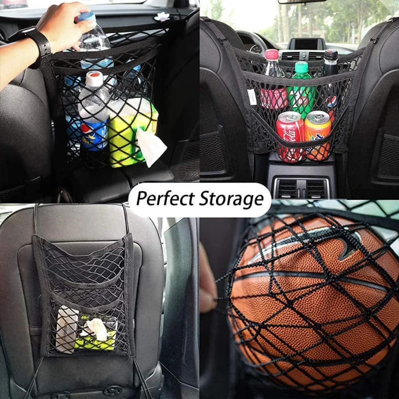 Filet de rangement pour voiture, sac entre les sièges, séparateur de voiture, barrière pour animaux de compagnie, sac en maille élastique extensible, organisateur d'accessoires automobiles