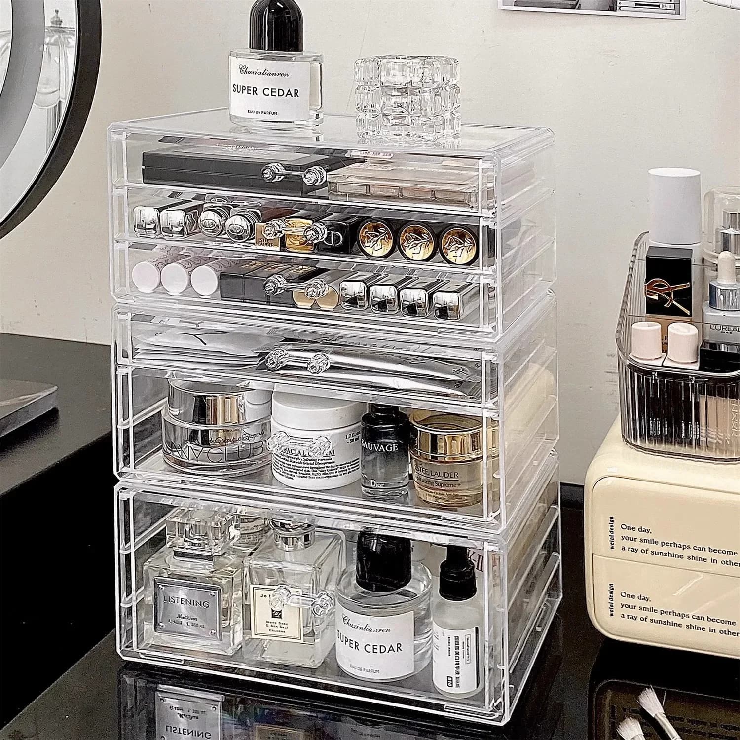 Boîte de rangement cosmétique de style tiroir pour bureau, anti-poussière, organisateur de pinceaux de maquillage, support pour bijoux et accessoires, en matériau PP
