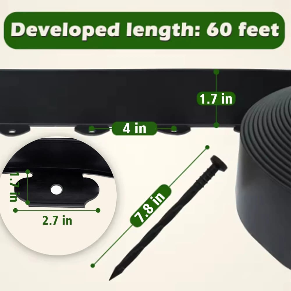 Kit de bordure paysagère, 60 pieds de long, 1,9 pouces de hauteur, bordure de jardin sans creusement pour parterres de fleurs, allées d'arbres, sentiers, comprend 60