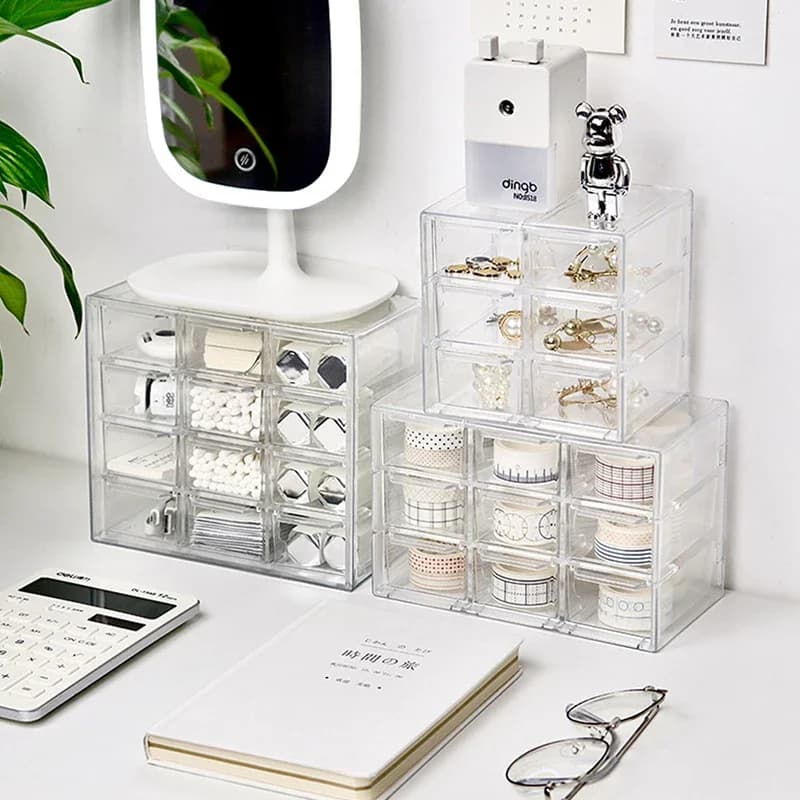 Organisateur de bijoux, boîte de rangement de bureau, étagère à tiroir transparente, boîte de décoration de cheveux stationnaire, étui de rangement empilé