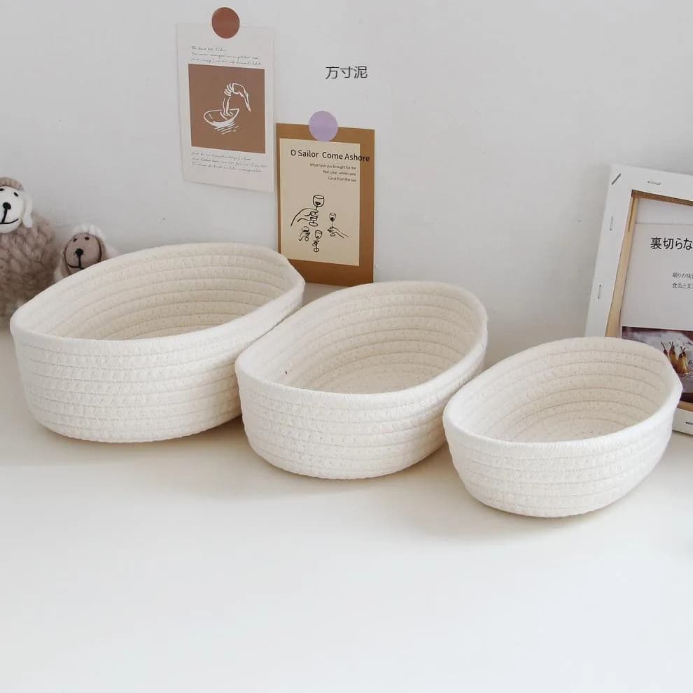 Panier de rangement de bureau, jouets, cosmétiques, boîte de rangement de papeterie de bureau, panier de rangement de fil de coton tissé à la main, panier en forme de bateau