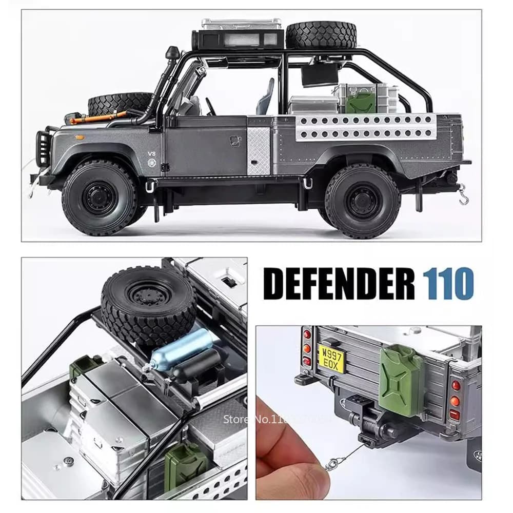 Modèle miniature de voiture en alliage moulé sous pression Land Rover Defender 110 Range Rover 1:24, portes ouvrables, véhicules à tirer en arrière, cadeau d'anniversaire pour garçon