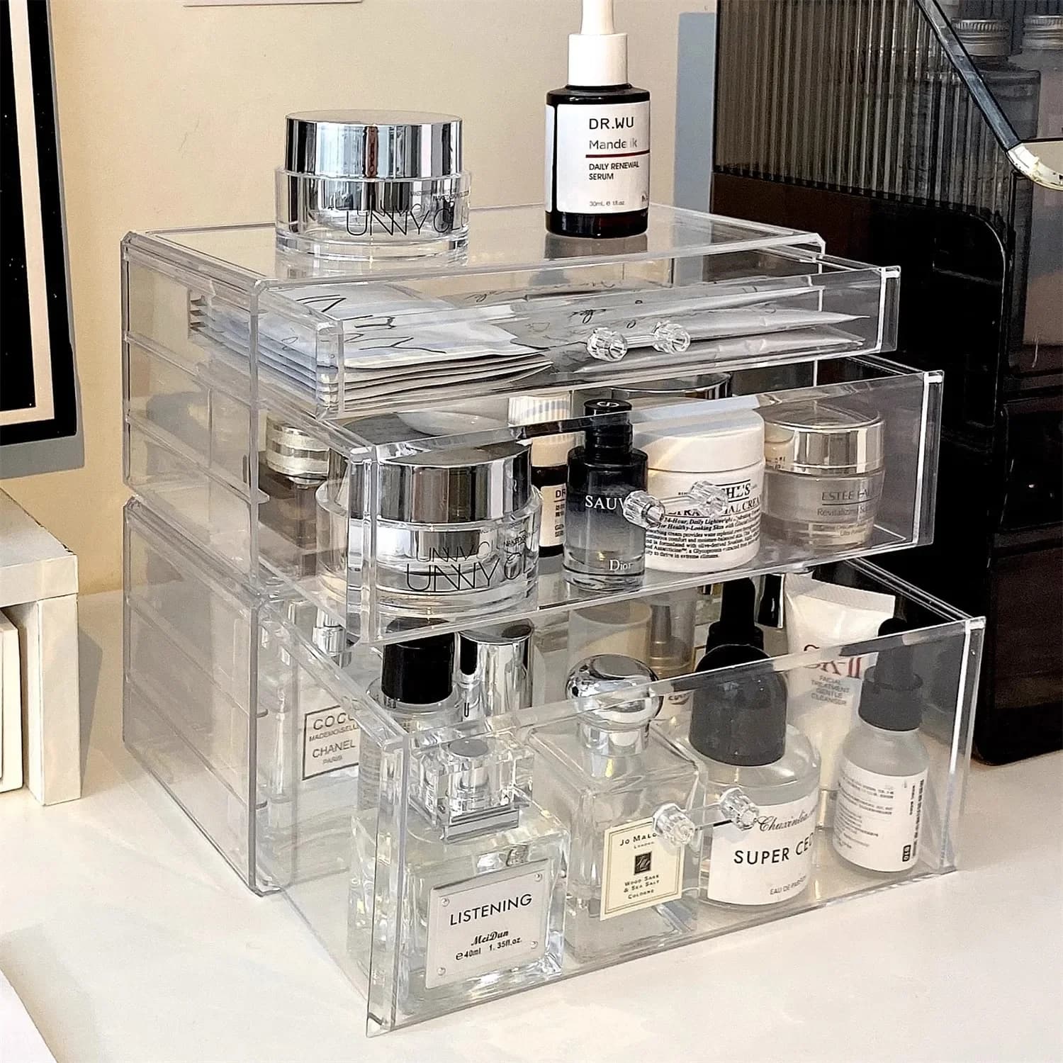 Boîte de rangement cosmétique de style tiroir pour bureau, anti-poussière, organisateur de pinceaux de maquillage, support pour bijoux et accessoires, en matériau PP