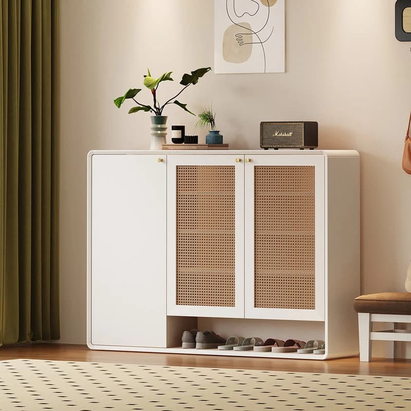Meuble de rangement pour chaussures en bois et panneaux de roche, étagère à chaussures moderne, grande capacité, motif tressé, pieds en métal, boîte à chaussures d'entrée