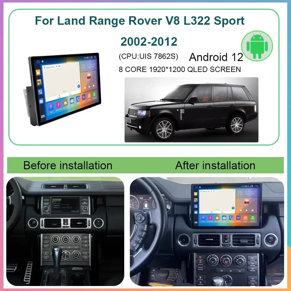 Lecteur multimédia vidéo autoradio GPS navigation Android 12 8 cœurs 8+256 Go 12,9 pouces pour Land Rover Range V8 L322 2002-2012