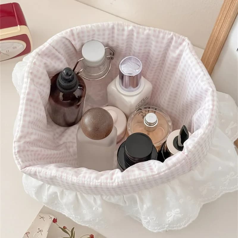 Nouveau panier de rangement à pois et volants rose bonbon, organiseur de bureau pour collations, petit panier organisateur manuel