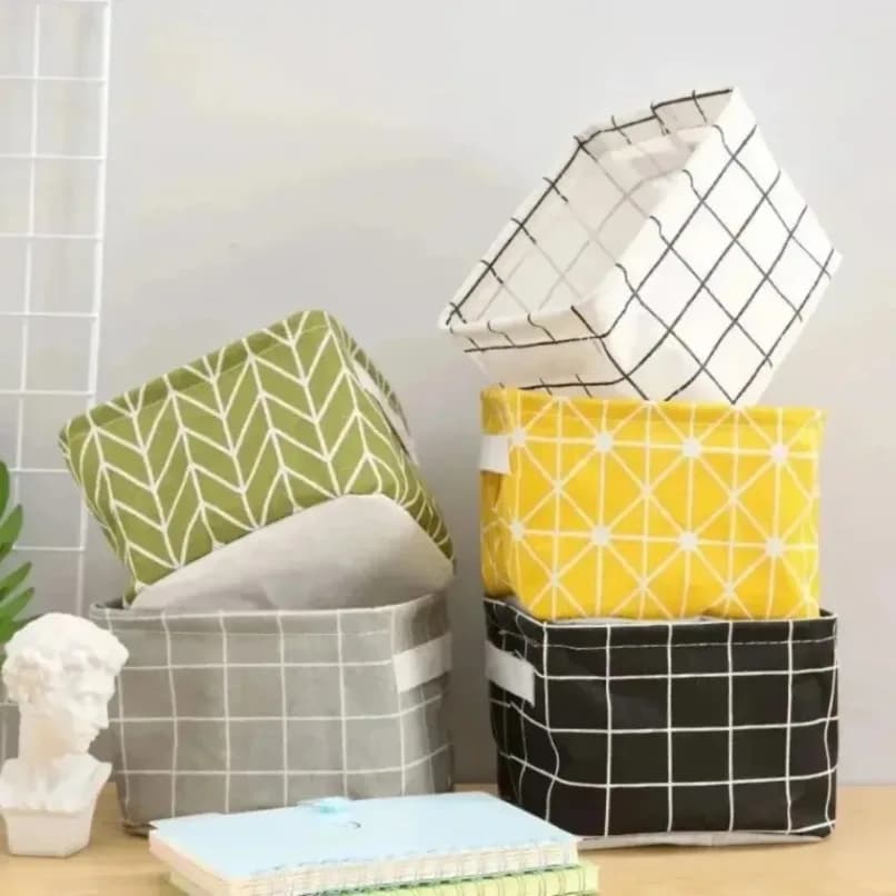 Panier de rangement pliable en tissu à motif quadrillé 20×16×14 cm, bac de rangement pliable avec poignée pour la maison, le bureau, le tiroir, le placard