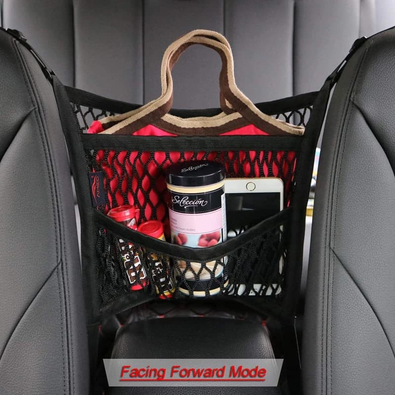 Filet de rangement pour voiture, sac entre les sièges, séparateur de voiture, barrière pour animaux de compagnie, sac en maille élastique extensible, organisateur d'accessoires automobiles