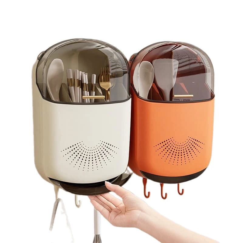 Boîte de rangement de couverts de cuisine, support mural de rangement de vaisselle avec couvercle, cuillère anti-poussière et organisateur de baguettes, supports de vidange