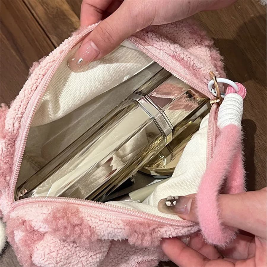 Sacs de maquillage en peluche avec poignée, sac de rangement de cosmétiques de voyage souple, organisateur Portable imprimé d'amour, trousse à crayons, pochette mignonne