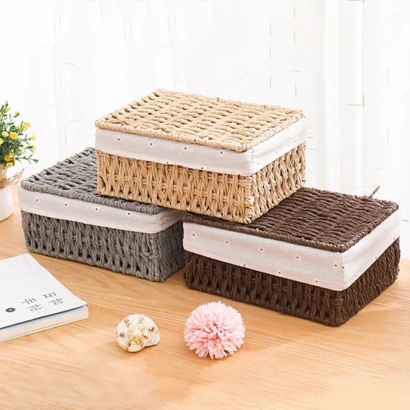 Panier de rangement en tissu avec couvercle, panier de rangement tissé de bureau, organisateur d'articles divers empilable, panier de rangement tissé en rotin pour la maison