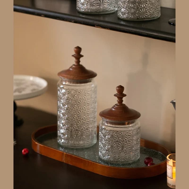 Bouteille de stockage en verre avec couvercle en bois de santal, excavatrice, bocal scellé, stockage de cuisine, boîtes de bonbons, vintage, stockage de grains de café