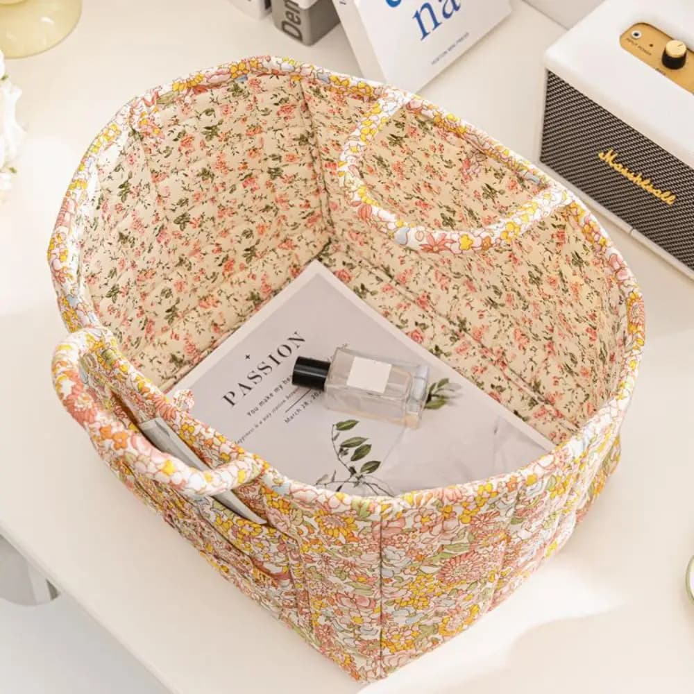 Panier de rangement en tissu à motif floral, grande capacité, poignées faciles à transporter, panier à linge en tissu, design matelassé, design pliable