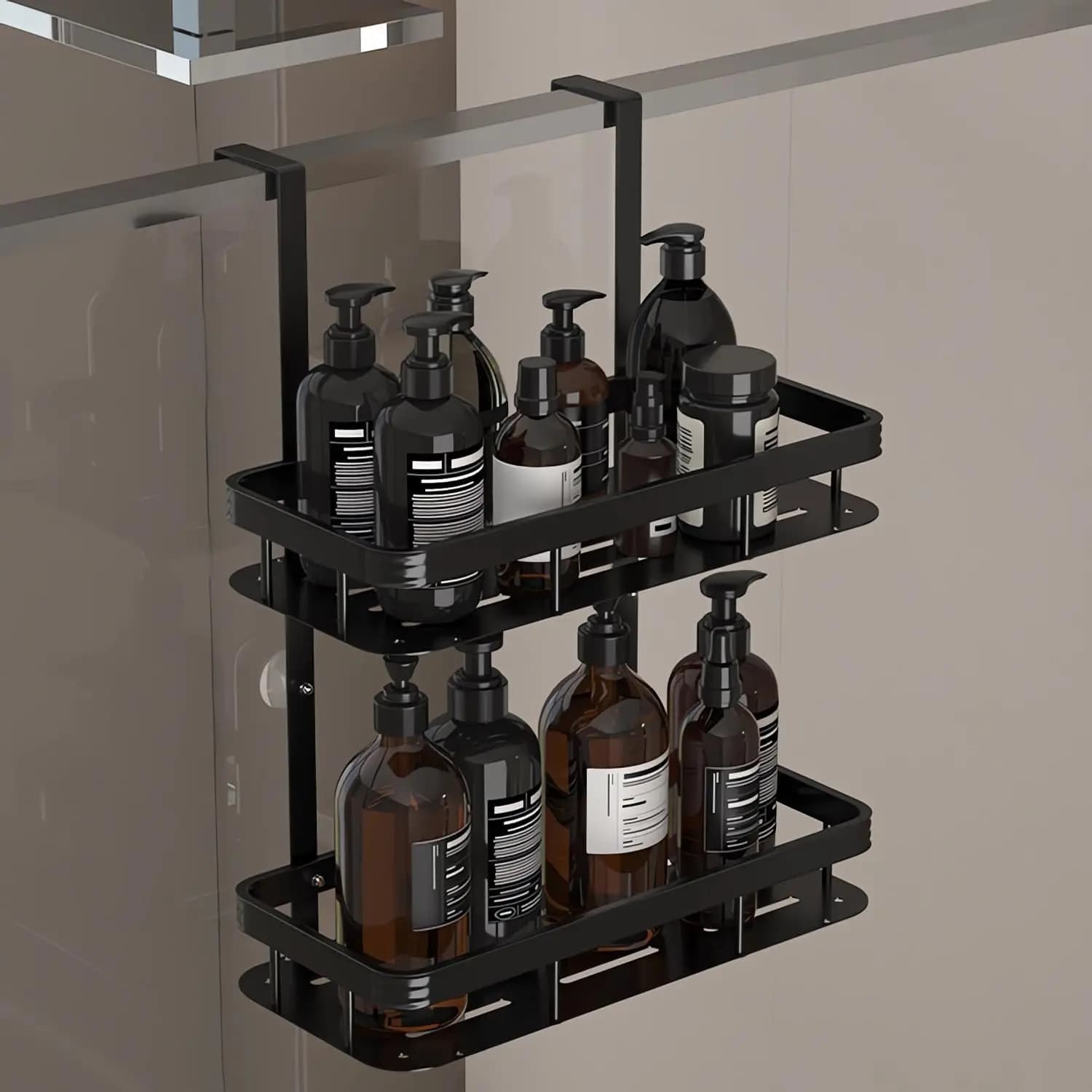 Caddie de douche suspendu à 2 niveaux sur porte, étagère de douche, support de rangement de salle de bain, sans perceuse pour shampoing et savon rasoir, rangement de salle de bain