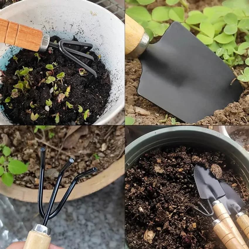 Ensemble d'outils de jardinage miniatures, 3 pièces/1 ensemble, outils de jardinage portables de petite taille avec poignées, pelle, râteau, outils de jardinage d'intérieur, outils de plantation de fl