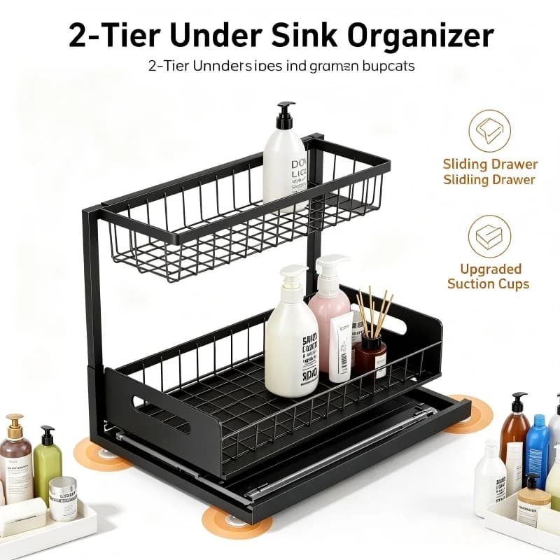 Organisateur coulissant à 2 niveaux sous l'évier, panier de rangement extractible, tiroir de rangement multifonctionnel pour cuisine et salle de bain