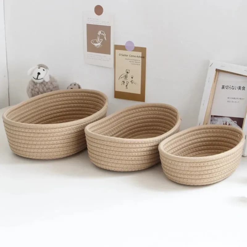 Panier de rangement de bureau, jouets, cosmétiques, boîte de rangement de papeterie de bureau, panier de rangement de fil de coton tissé à la main, panier en forme de bateau