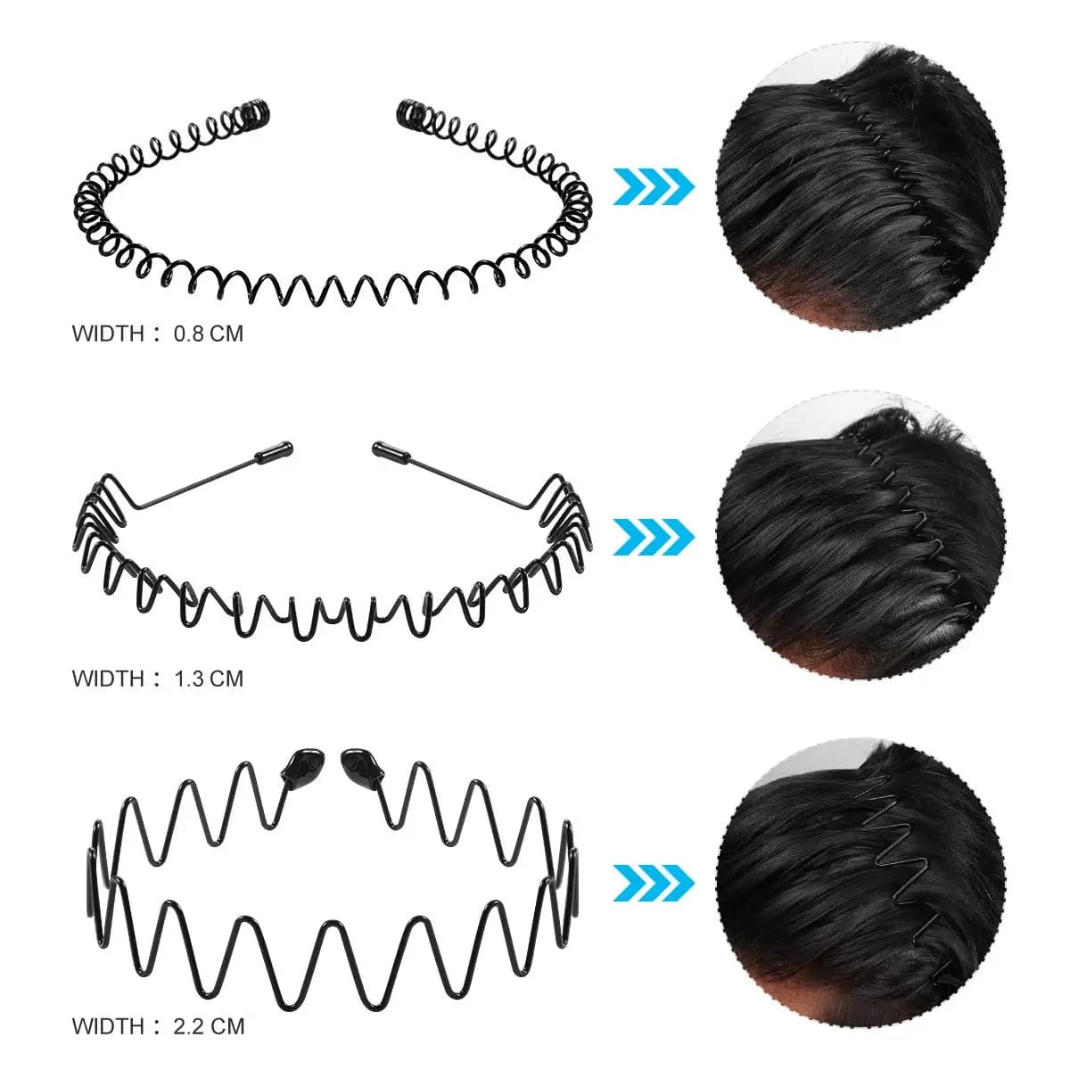 Bandeau Cheveux Métallique Tendance pour Hommes et Femmes, Unisexe, Noir Ondulé, Serre-tête Sportif, Accessoire Cheveux