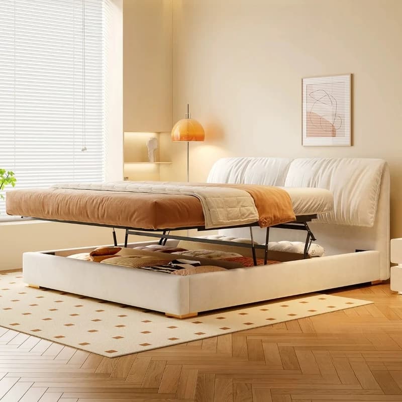 Lit de chambre moderne avec rangement, lit double de princesse, lit d'hôtel, lit simple au sol, lit queen, meubles de chambre, mobilier du milieu du siècle
