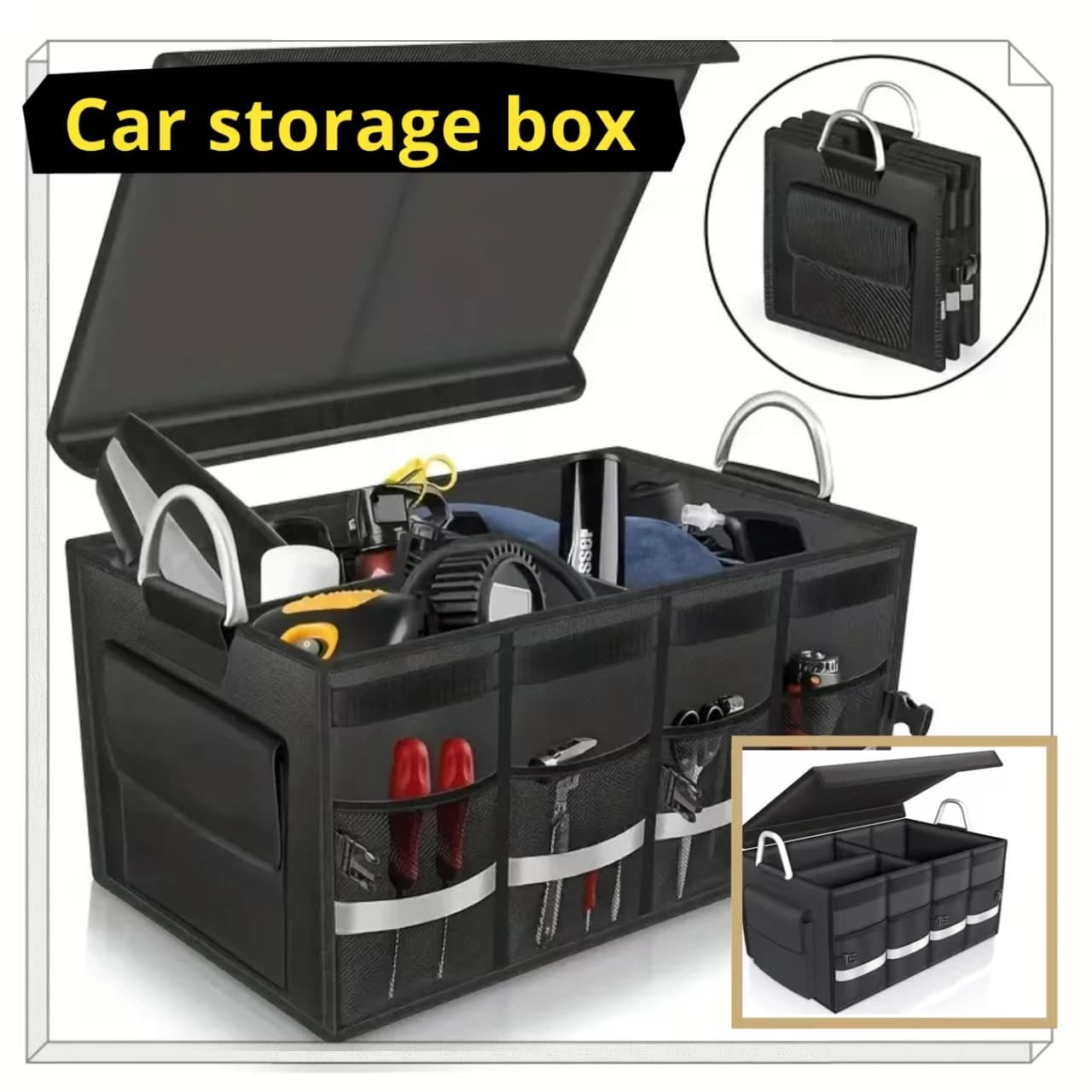 Boîte de rangement pour coffre de voiture, pratique, imperméable, antidérapante, pliable, avec poignée en aluminium et bande réfléchissante