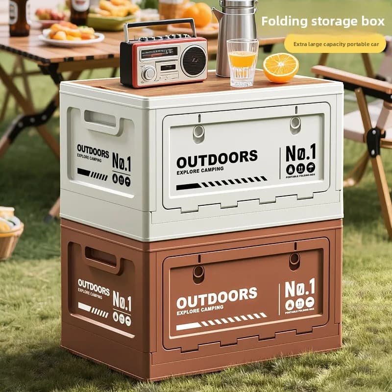 Boîte de rangement de camping d'extérieur grande capacité, pliable avec couvercle en bois, multifonctionnelle pour coffre de voiture, idéale pour le camping et les pique-niques