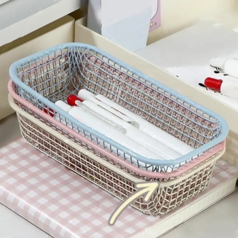Petit panier de rangement en fil pour articles divers, boîte de rangement de papeterie de bureau pour étudiants, panier de rangement Ron pour décoration de salon et de maison
