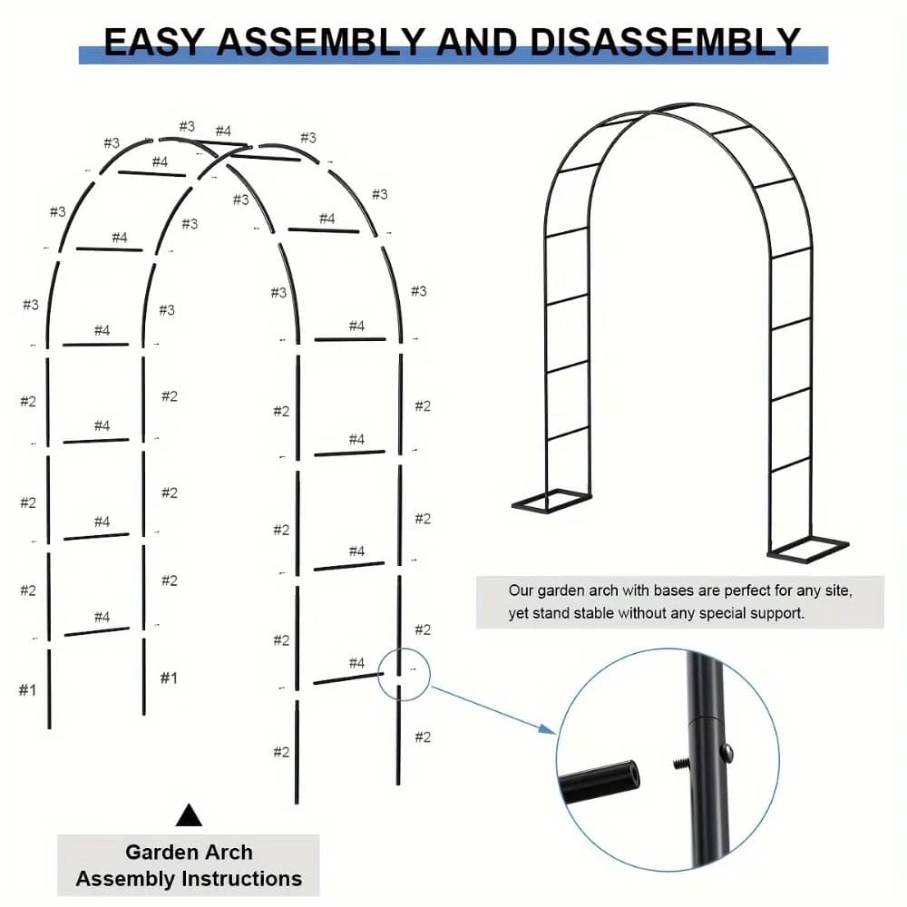 En treillis d'arc de jardin en métal à assembler élevé, 2 tailles, tonnelle de jardin pour plante grimpante de fête de mariage, extérieur et intérieur