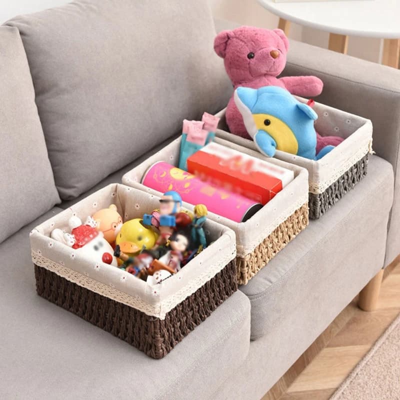 Panier de rangement en tissu avec couvercle, panier de rangement tissé de bureau, organisateur d'articles divers empilable, panier de rangement tissé en rotin pour la maison