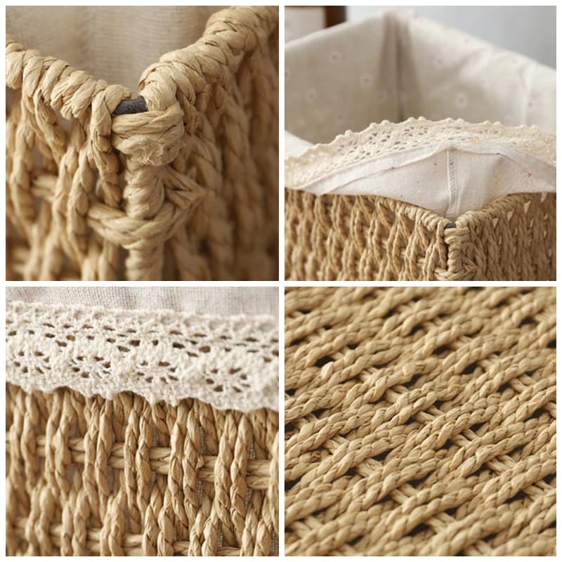 Panier de rangement en tissu avec couvercle, panier de rangement tissé de bureau, organisateur d'articles divers empilable, panier de rangement tissé en rotin pour la maison