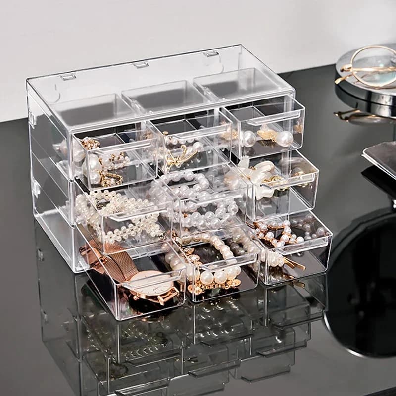 Organisateur de bijoux, boîte de rangement de bureau, étagère à tiroir transparente, boîte de décoration de cheveux stationnaire, étui de rangement empilé