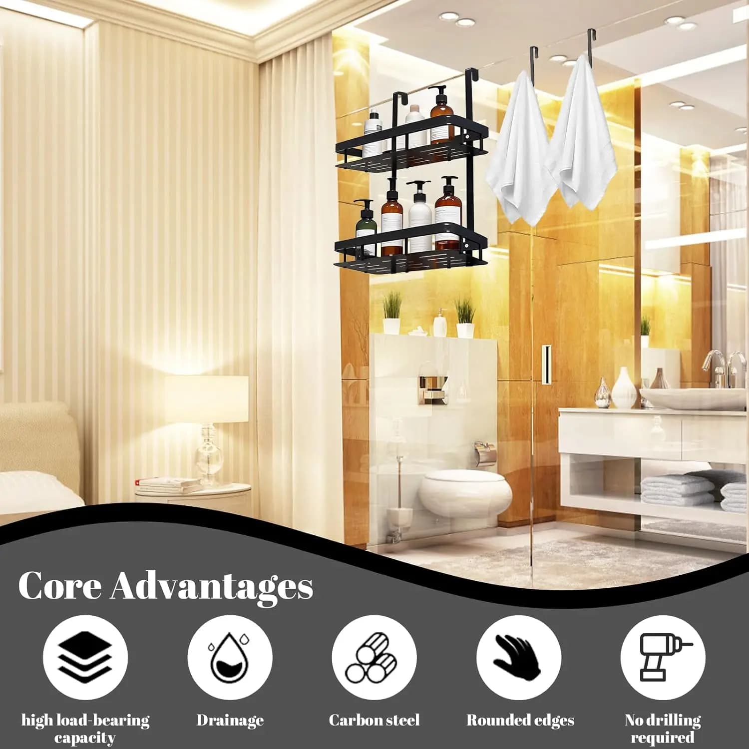 Caddie de douche suspendu à 2 niveaux sur porte, étagère de douche, support de rangement de salle de bain, sans perceuse pour shampoing et savon rasoir, rangement de salle de bain