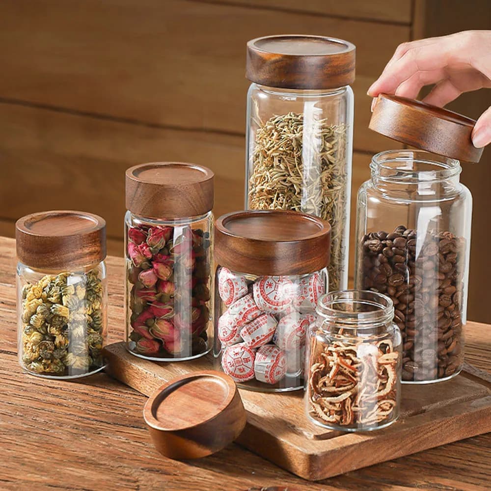 Mars-Bocaux à Épices en Verre Borosilicate, Stockage Précieux, Bois d'Acacia, Divers, Scellés, Pots de Stockage, Bouteille Fendue