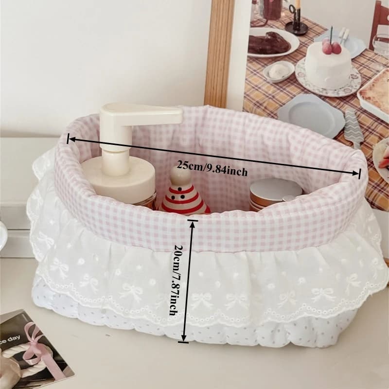 Nouveau panier de rangement à pois et volants rose bonbon, organiseur de bureau pour collations, petit panier organisateur manuel