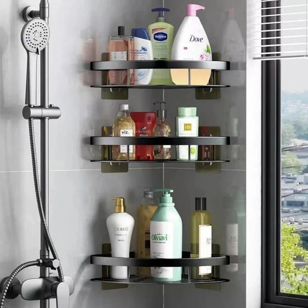 Organisateur de salle de bain de rangement d'angle, sans perceuse, étagère de rangement murale pour salle de bain, organisateur de support de douche avec panier de vidange adhésif