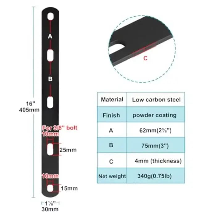 1 pièce Plaque de réparation métallique noire robuste de 16 pouces à fentes, support plat pour renfo