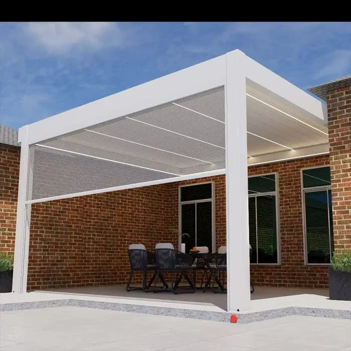 Pergola à persiennes en métal avec toit motorisé et lumières LED – Housse de patio de jardin extérieure étanche avec télécommande