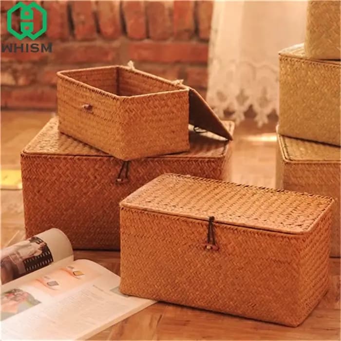 Panier de rangement en osier tissé avec couvercle