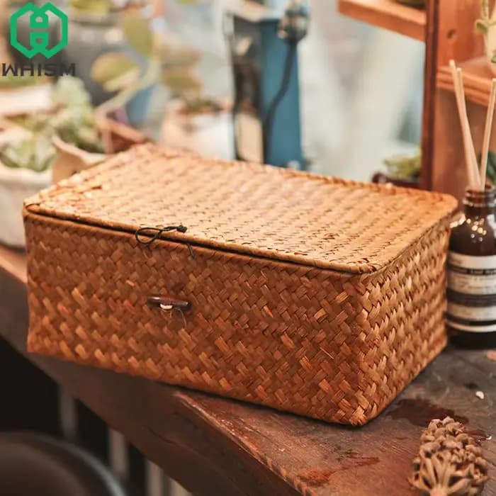 Panier de rangement en osier tissé avec couvercle