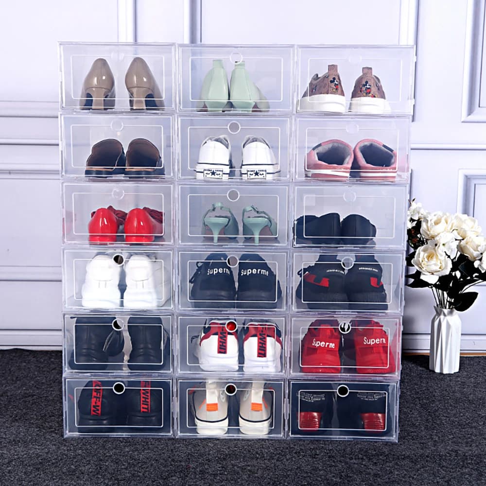 Lot de 6 boîtes à chaussures transparentes, organisateurs de chaussures, épaissies, pliables, anti-poussière, empilables, armoire à chaussures combinée, en solde